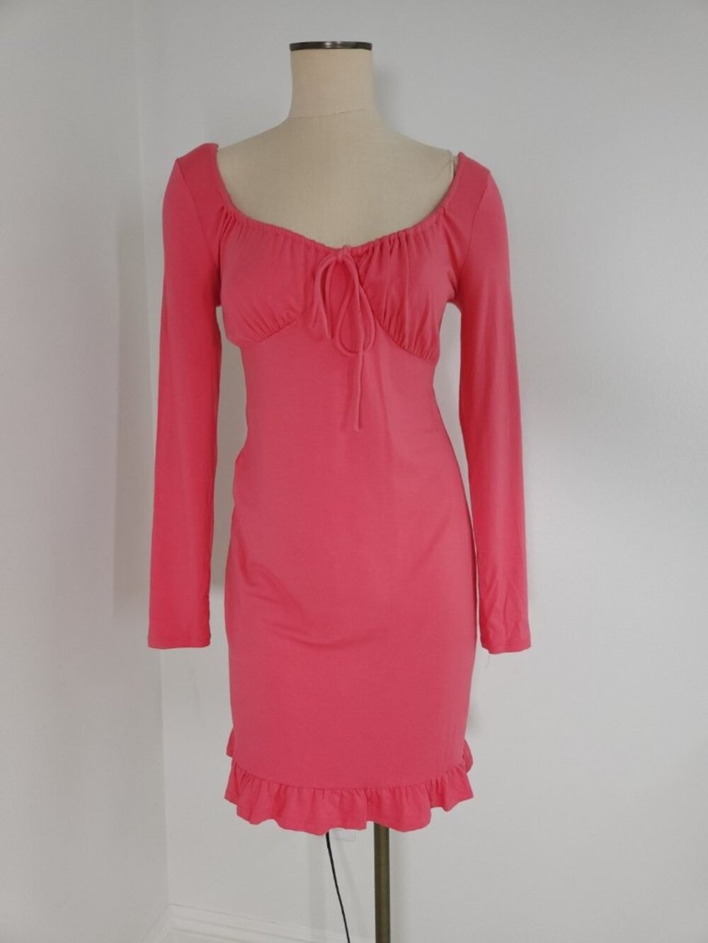 MNG Mango Medium Pink Milkmaid Long Sleeve Ruched Tie Bust Dress Cottagecore
